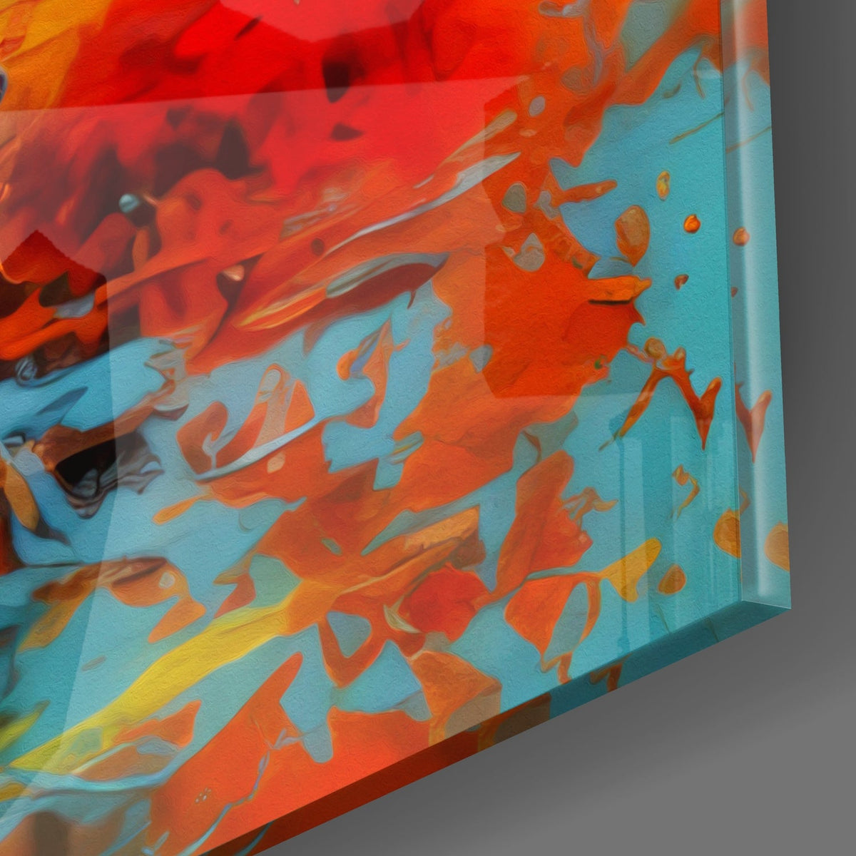 Close-up of the glossy tempered glass edge on the sea tower sunset glass wall art