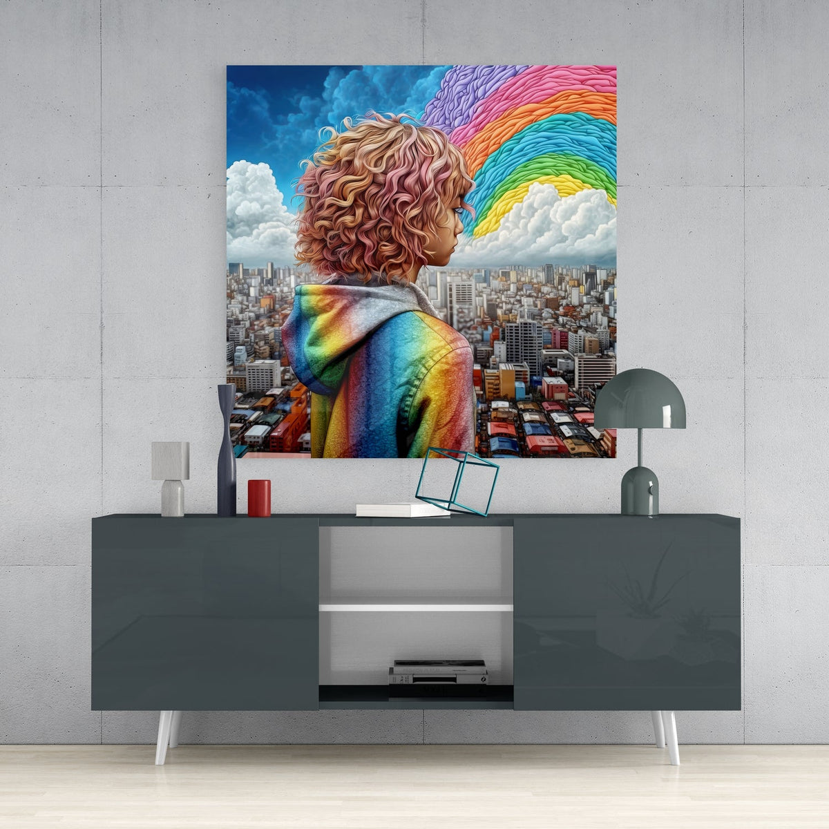 Surreal rainbow over the city square glass wall art above a dark gray sideboard with a gray table lamp