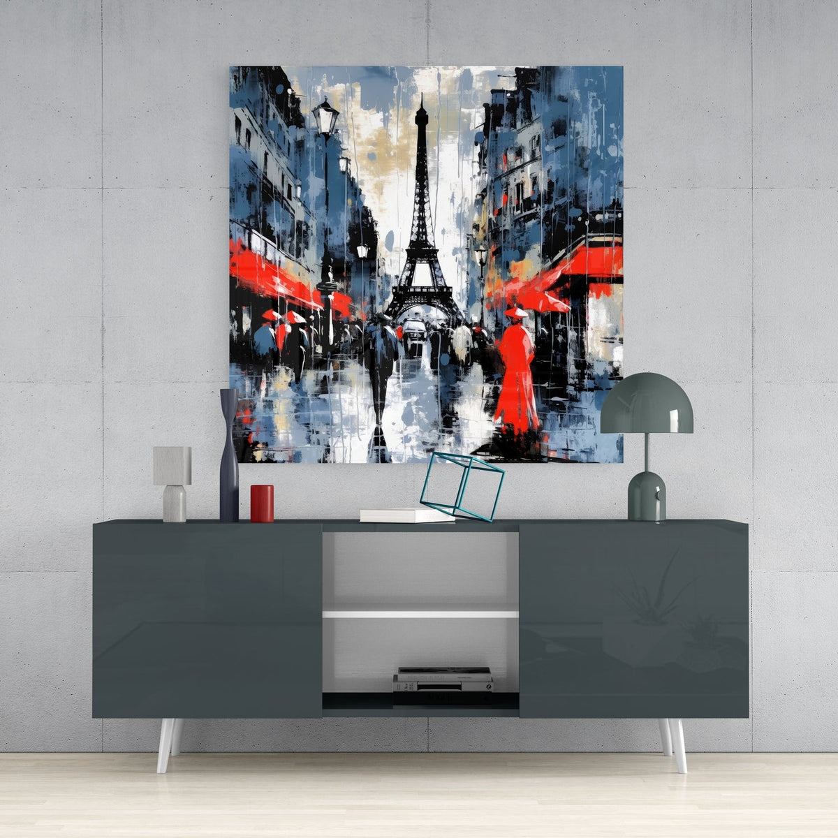 Blue and red Paris street glass wall art on a gray wall above a dark sideboard with a mushroom lamp