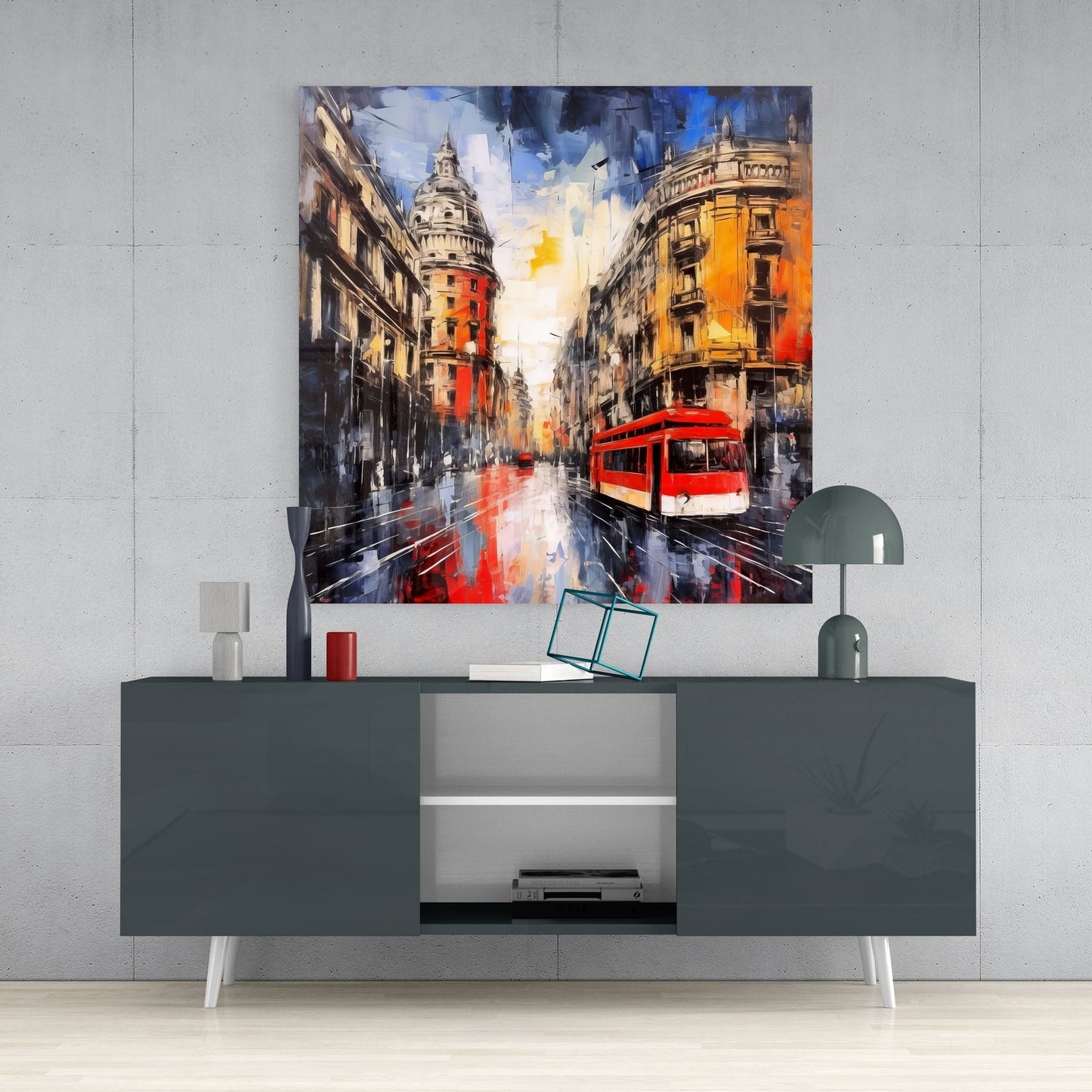 Red Tram Spanish Street Glass Wall Art