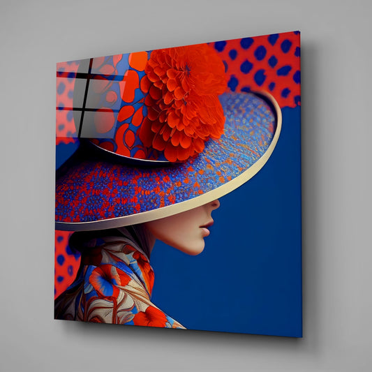 Woman in red hat square glass wall art on a gray wall with a window reflection in the glass