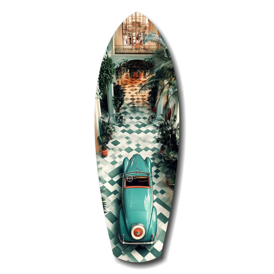 A vintage teal convertible seen from above in a green and white tiled courtyard, printed on surfboard-shaped glass