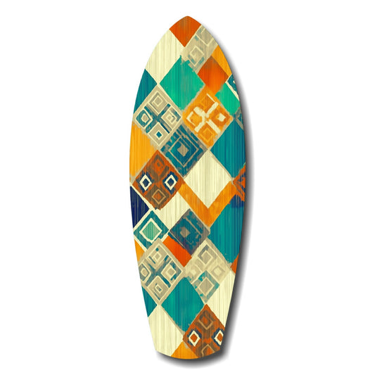 Diamond pattern in teal, orange, navy and cream with small woven-style motifs on a surfboard glass panel on white