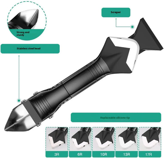 stainless steel caulk removal tool with non-slip black handle and features highlighted on a white background