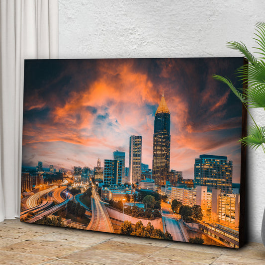 Atlanta Skyline at Dusk canvas shown at an angle, close view of the wrapped edge, view 2