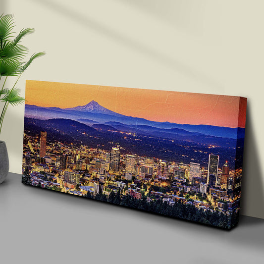 Portland skyline with Mount Hood canvas leaning at an angle against a gray wall