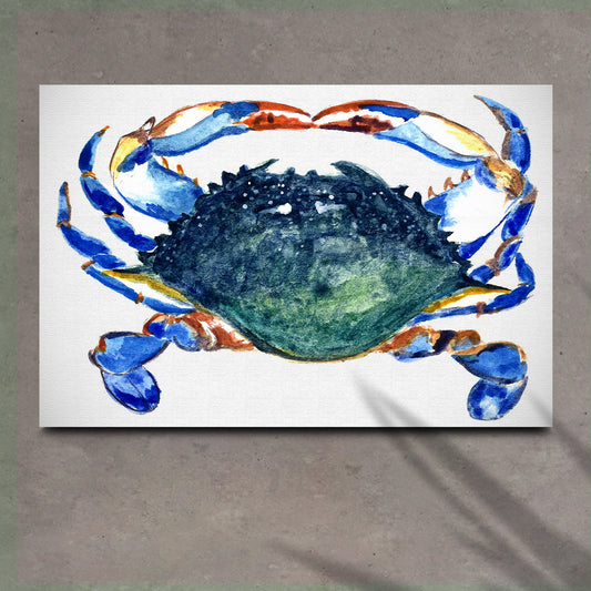 Blue and Green Crab canvas hanging on a plain wall, front view