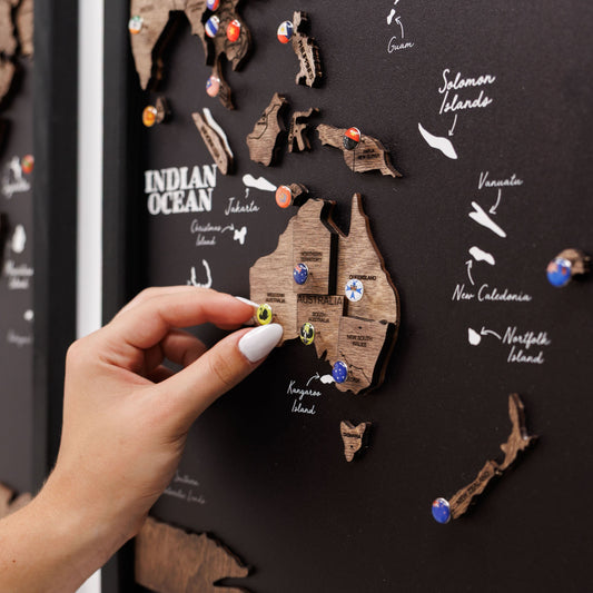 Wooden World Map Triptych Wall Art - Dark Walnut