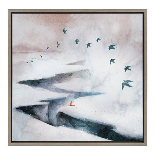 Snow Day Fox and Birds Framed Canvas Wall Art