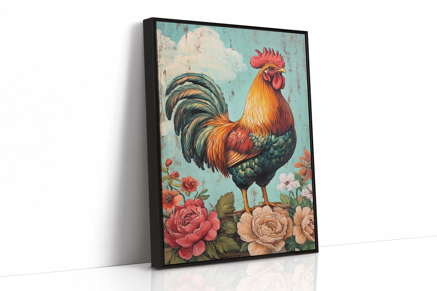 King Rooster Wall Art - Floral Farmhouse Print