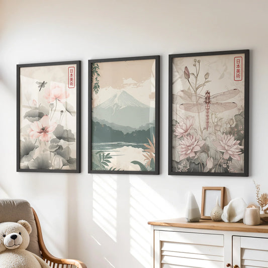 Japandi Botanical Wall Art, Floral and Mountain Set of 3