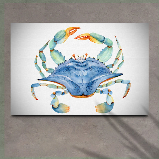 Blue Crab with Orange Claws canvas hanging on a plain wall, front view
