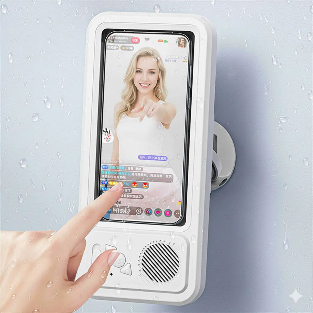 wall-mounted bathroom phone holder showing vertical video