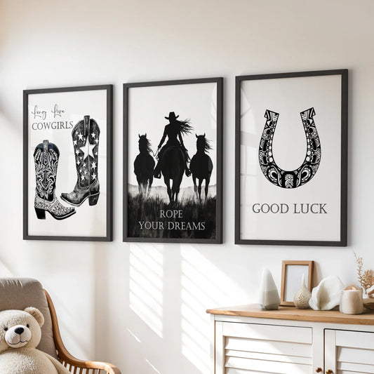 Western Cowgirl Wall Art Set of 3 Black and White Prints