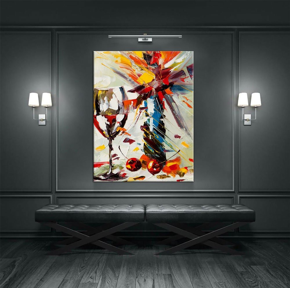 Wine And Flowers Abstract Canvas Wall Art, Kitchen Bar Decor