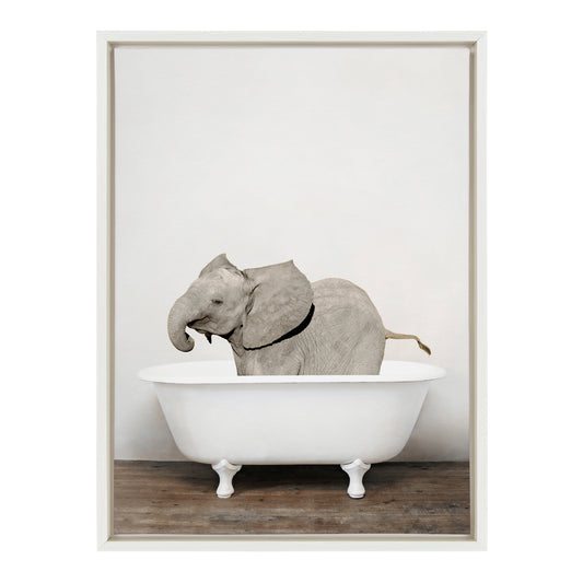Baby Elephant in the Tub Framed Canvas Wall Art