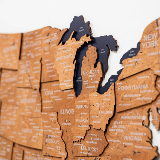 Wood 3D USA Map Wall Art - Oak