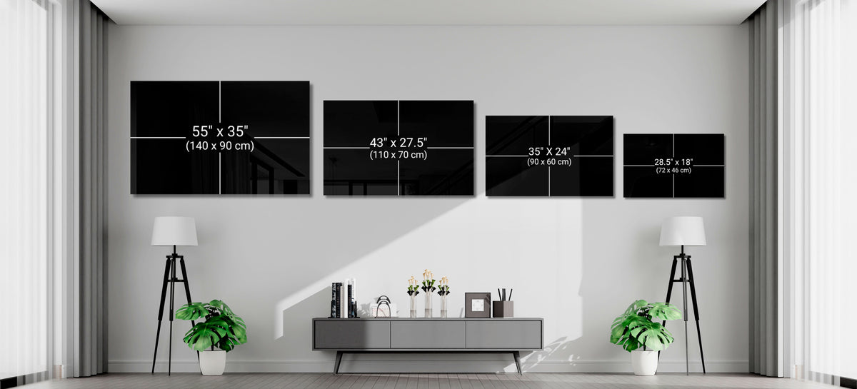 Size guide showing 55x35, 43x27.5, 35x24 and 28.5x18 inch glass pieces on a wall above a low console