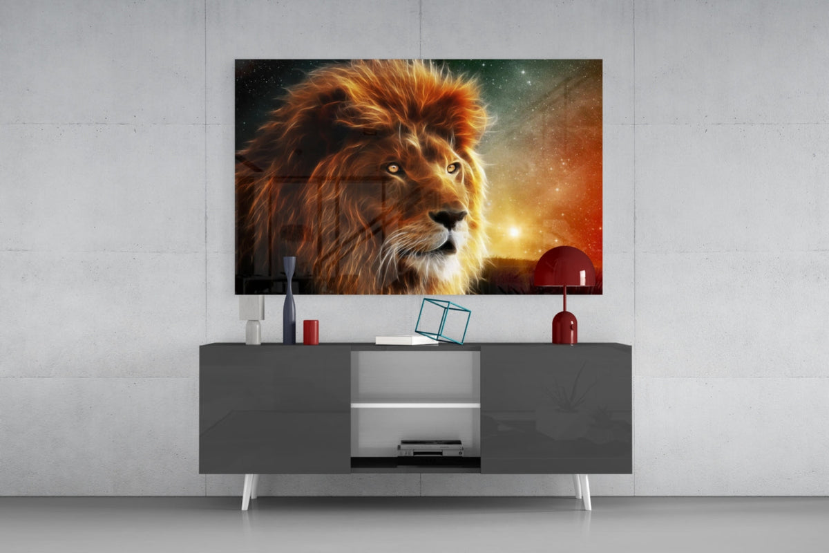 Golden lion under a cosmic sunset glass wall art above a gray sideboard with a red lamp on a concrete wall