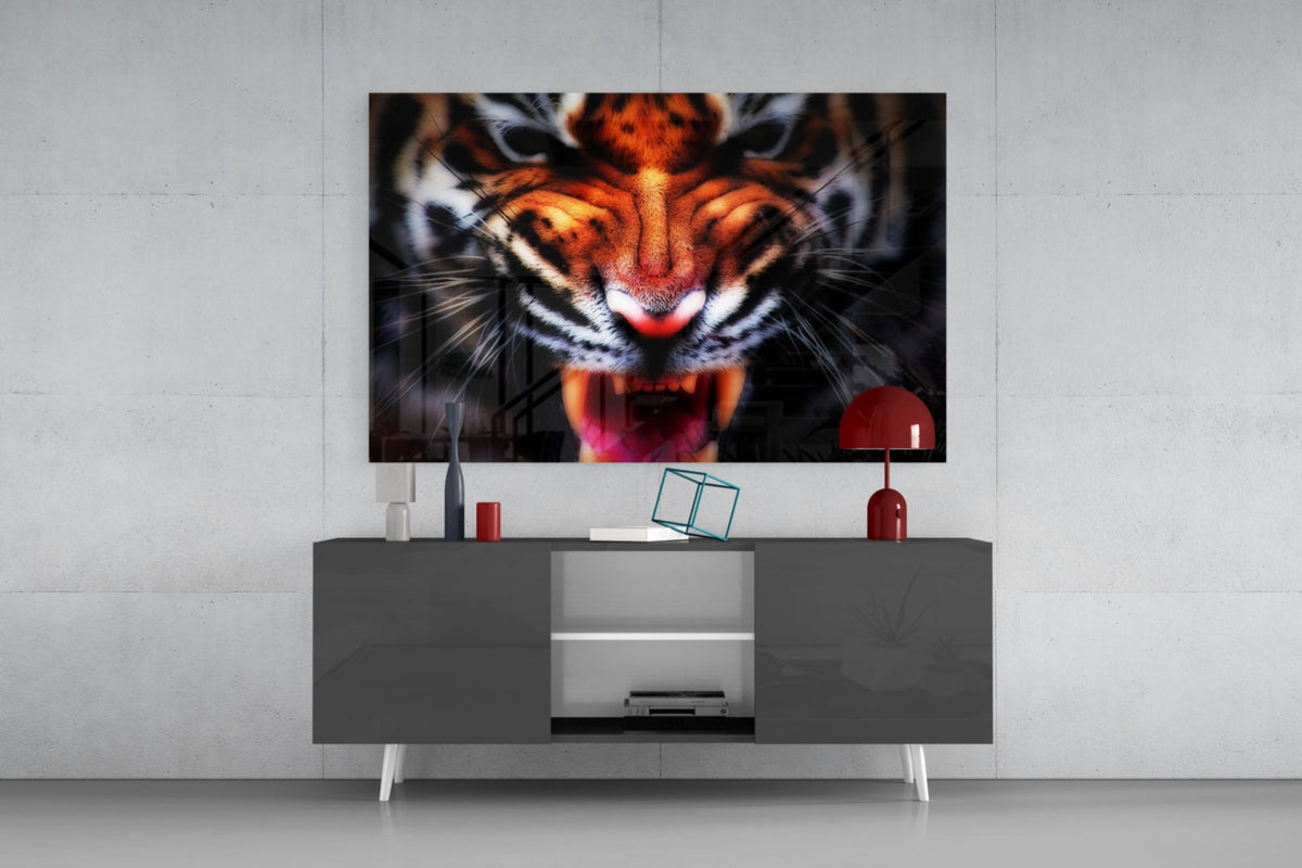 Snarling tiger close-up glass wall art above a gray sideboard with a red table lamp