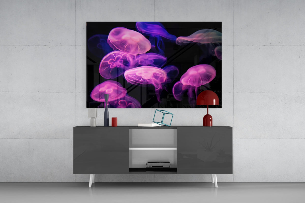 Pink glowing jellyfish on black glass wall art above a dark gray sideboard with a red table lamp