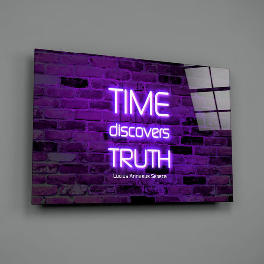Time discovers truth neon quote glass wall art on a gray wall with a window reflection on the glossy surface