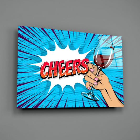 Pop art cheers glass panel shown at an angle on a plain gray wall