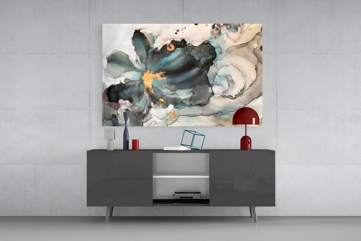 Teal alcohol ink flower glass wall art above a dark gray sideboard with a red lamp and a wire cube