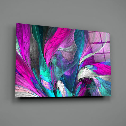 Magenta and teal fractal glass wall art on a gray wall, light reflecting off the glossy front
