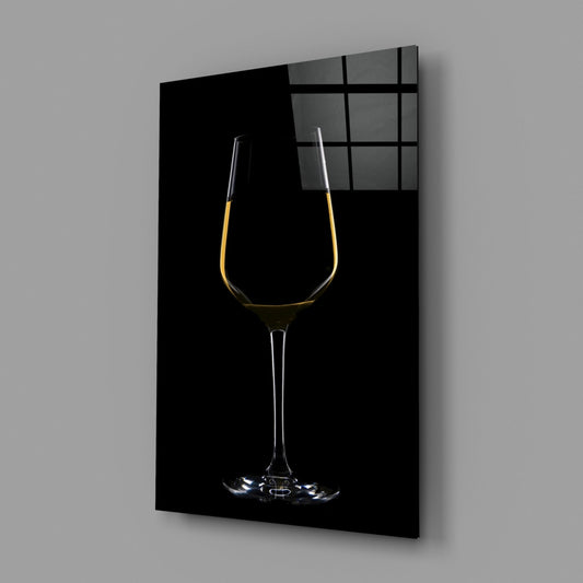Wine still life glass wall art on a gray wall, light reflecting off the glossy front