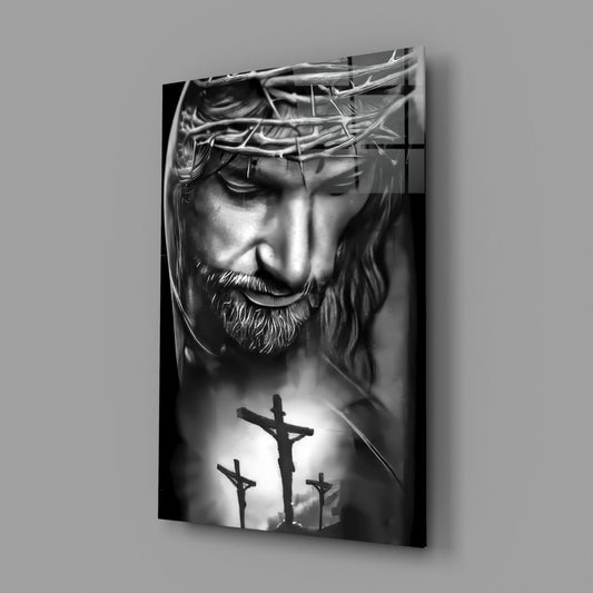Crown of thorns Jesus glass wall art shown on a gray wall
