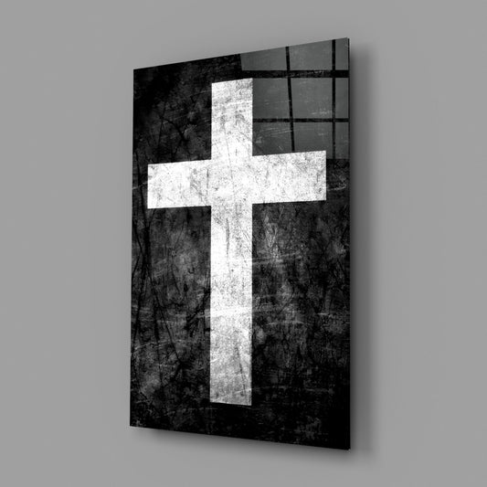 White grunge cross glass wall art shown at an angle on a gray background