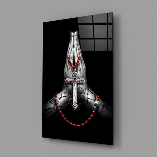 Praying Hands Rosary Cross Glass Wall Art