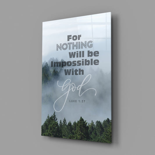 Luke 1:37 scripture over a misty forest glass wall art on a gray wall