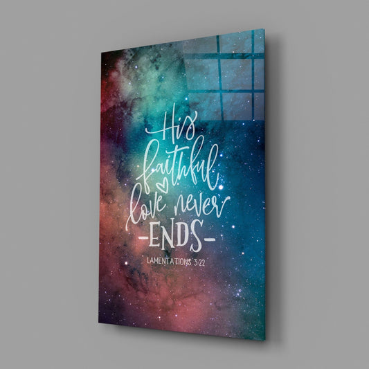 Faithful love nebula scripture glass wall art on a gray wall with a window reflection on the glossy surface