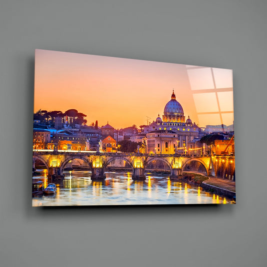 St. Peter's Basilica glass wall art on a plain gray wall, angled to show the glossy surface