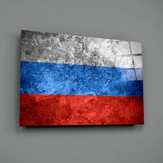 Weathered Russia tricolor flag glass wall art on a gray wall with a window reflection on the glass