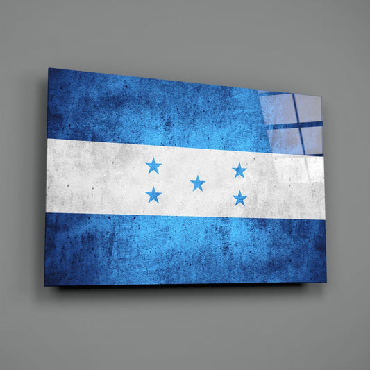 Weathered Honduras five star flag glass wall art on a gray wall with a window reflection on the glass