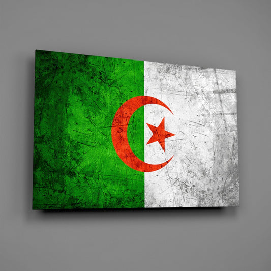 Weathered Algeria flag glass wall art on a gray wall with a window reflection across the glossy glass