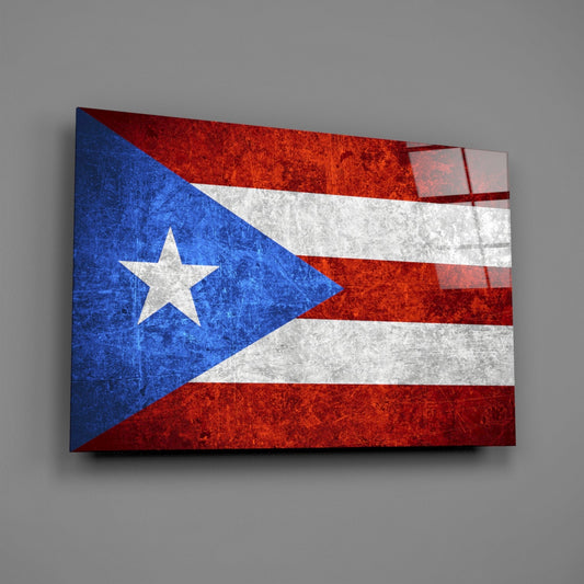 Dark grunge Puerto Rico flag glass wall art on a gray wall with a window reflection across the glossy glass