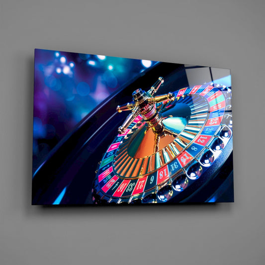 Spinning roulette wheel glass wall art on a gray wall with a soft window reflection
