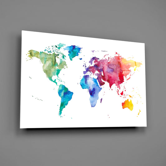 Rainbow watercolor world map glass wall art on a gray wall, light reflecting off the glossy front