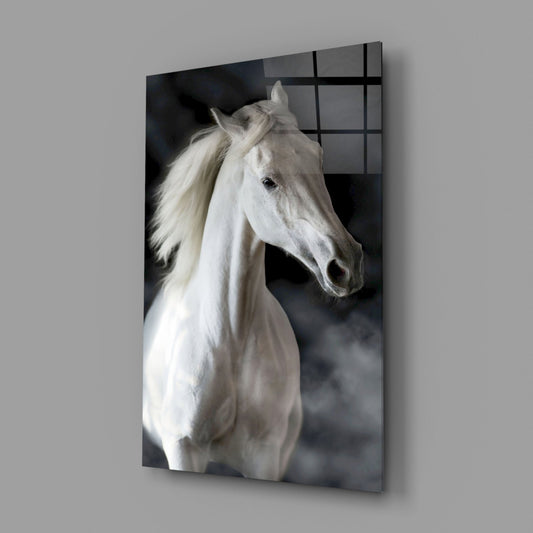 White horse glass wall art on a gray wall, light reflecting off the glossy front