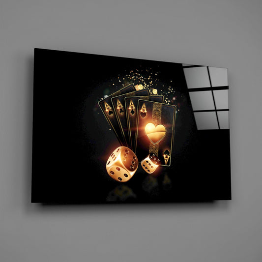 Glowing heart ace and dice glass wall art hanging on a plain gray wall