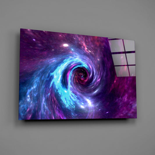 Blue and purple space vortex glass wall art on a gray wall, light reflecting off the glossy front