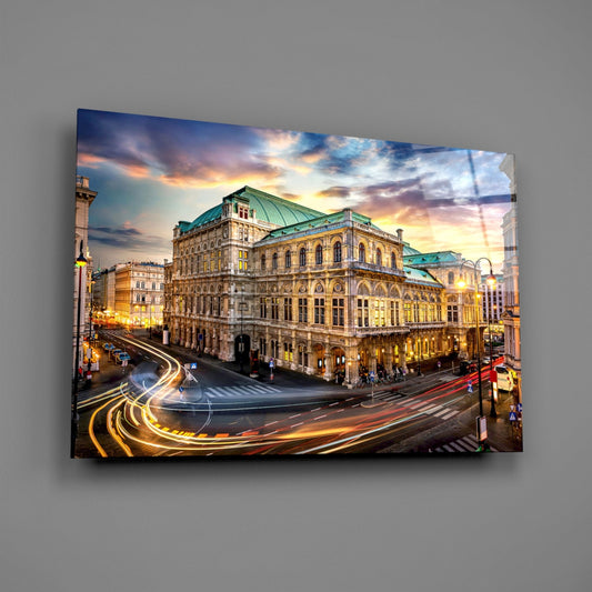 Vienna State Opera glass wall art on a plain gray wall, angled to show the glossy surface