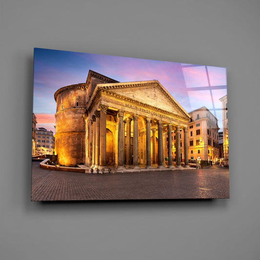 Rome Pantheon glass wall art on a gray wall with a soft glossy glare