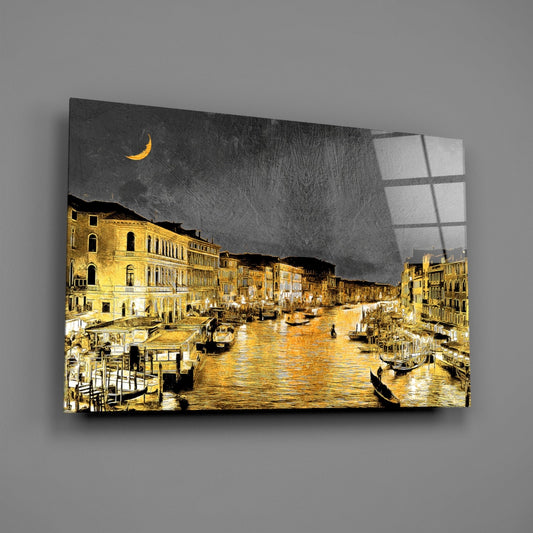 Venice gold canal glass wall art on a gray wall with a soft glossy glare