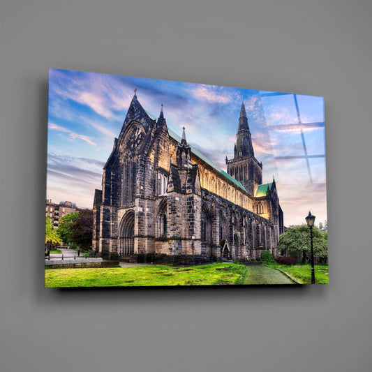 Glasgow Cathedral glass wall art on a gray wall, light reflecting off the glossy front