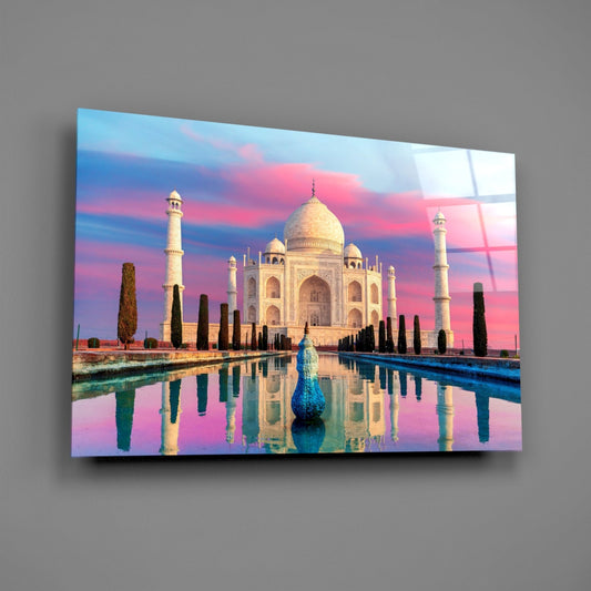 Taj Mahal pink sky glass wall art on a gray wall with a soft glossy glare
